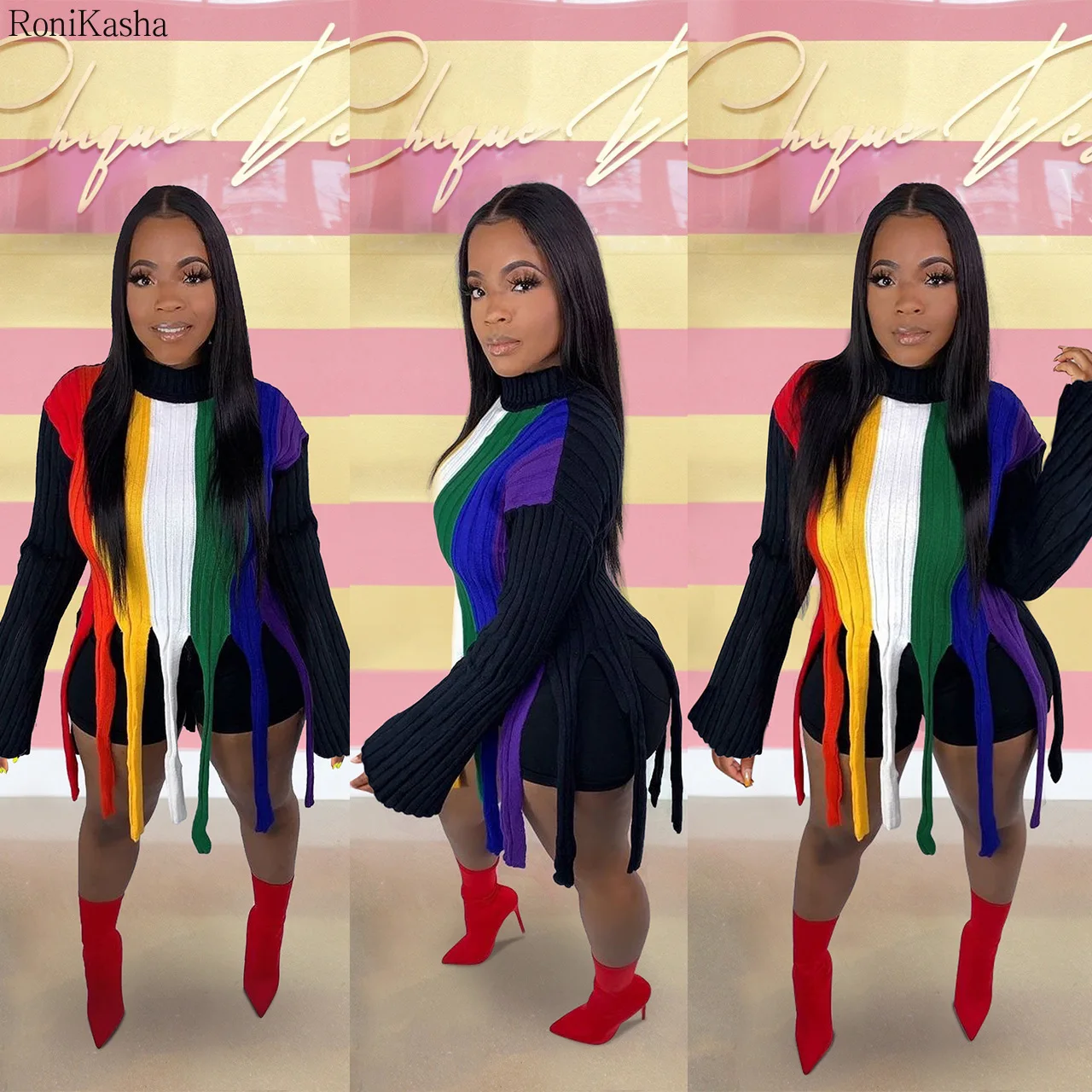 

Ronikasha New Women Half High Collar Color Striped Sweater Micro Flared Sleeve Contrast Stitching Tassel Design Street Hipster