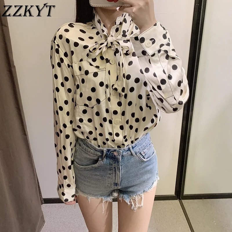 

Женская блузка в горошек ZZKYT, винтажная однобортная блузка с круглым вырезом и длинным рукавом, шикарный топ для осени, 2021