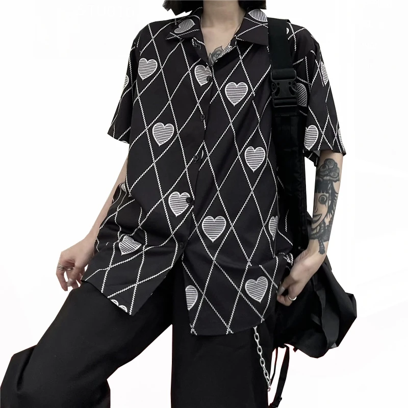 

New Summer Punk Women Shirts Harajuku Dark Heart Print Blouses Female Loose Short Sleeve Hip-hop Blouse Mujer