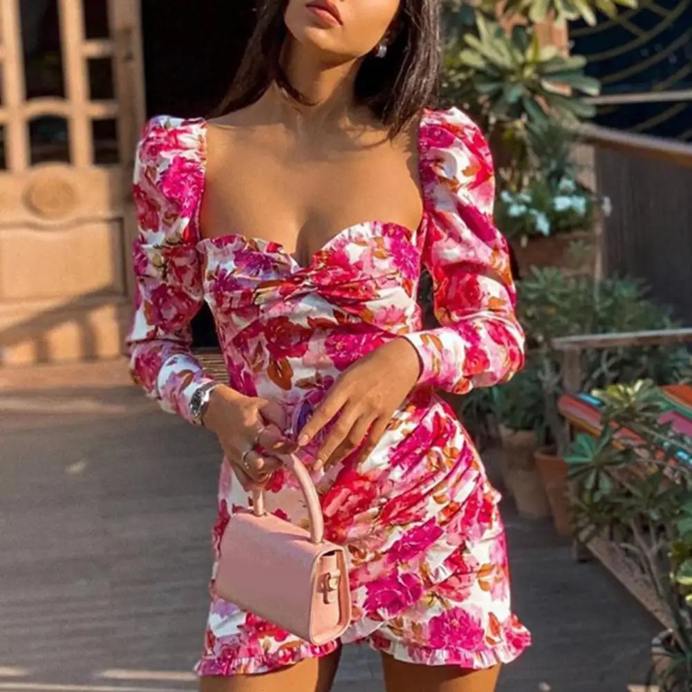 

Women Short Tight Dresses Pink Floral Print Lacework Sexy Ladies Low Neck Puff Long Sleeve Summer Women's Dress 2021