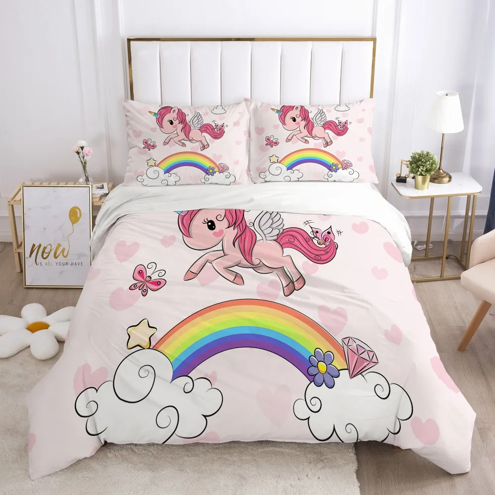 

Unicorn Bedding Set for Kids Crib Children Baby Cartoon Duvet Cover Set Pillowcase Blanket Quilt Cover Single Pink rainbow