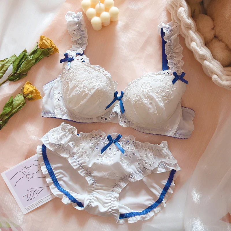 Soft Girl Fresh Lolita Hollow Out Petals Lace Embroidery Underwear Set Cute Sweet Ruffle Women White Underwire Bra & Panties Set