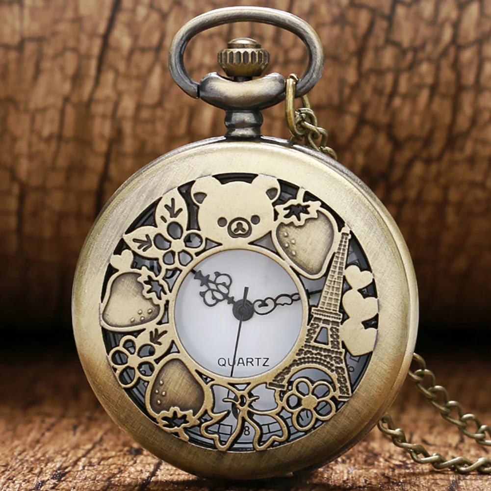 

Antique Retro Hollow Rilakkuma Paris Eiffel Tower Pattern Pocket Watch Necklace Pendant Chain Quartz Movement Reloj De Bolsillo