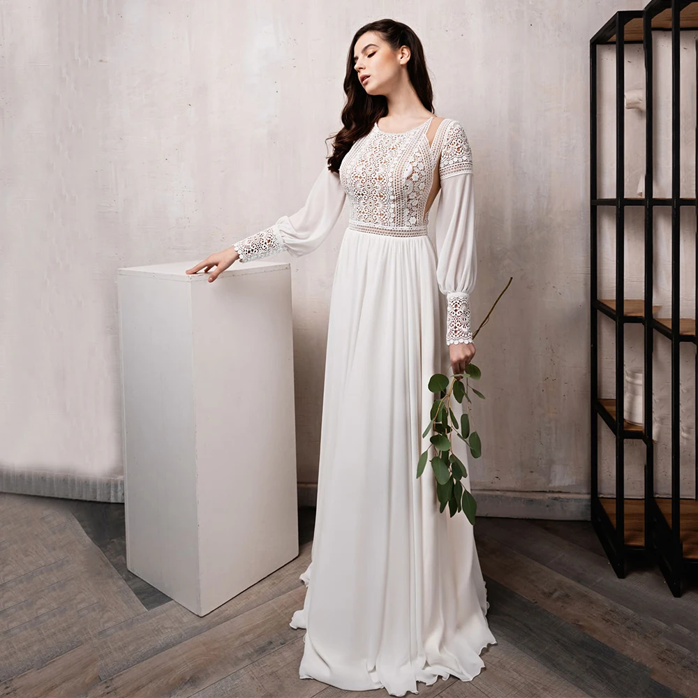 

Elegant Bridal Gown Boho Bohemian A Line Wedding Dress Long Sleeves Scoop Button Vestido De Novia Retro Civil Floor Length