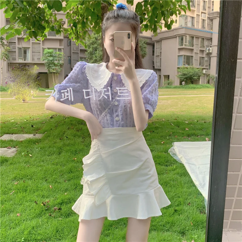 

Summer Women's Taro Purple Design Sense Niche Retro Puff Sleeve Purple Floral Top BM Doll Collar Shirt