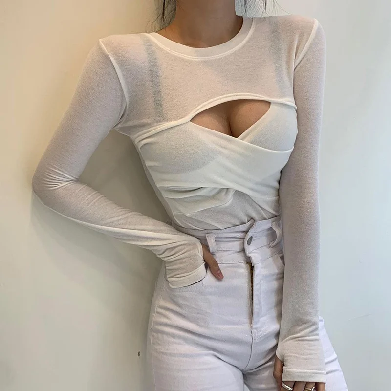 

Sylph Long Sleeve T-shirts For Women Mesh Sexy Hollow Out See-through Women's Clothes Fashion Solid O-neck Base Top Autumn 2022