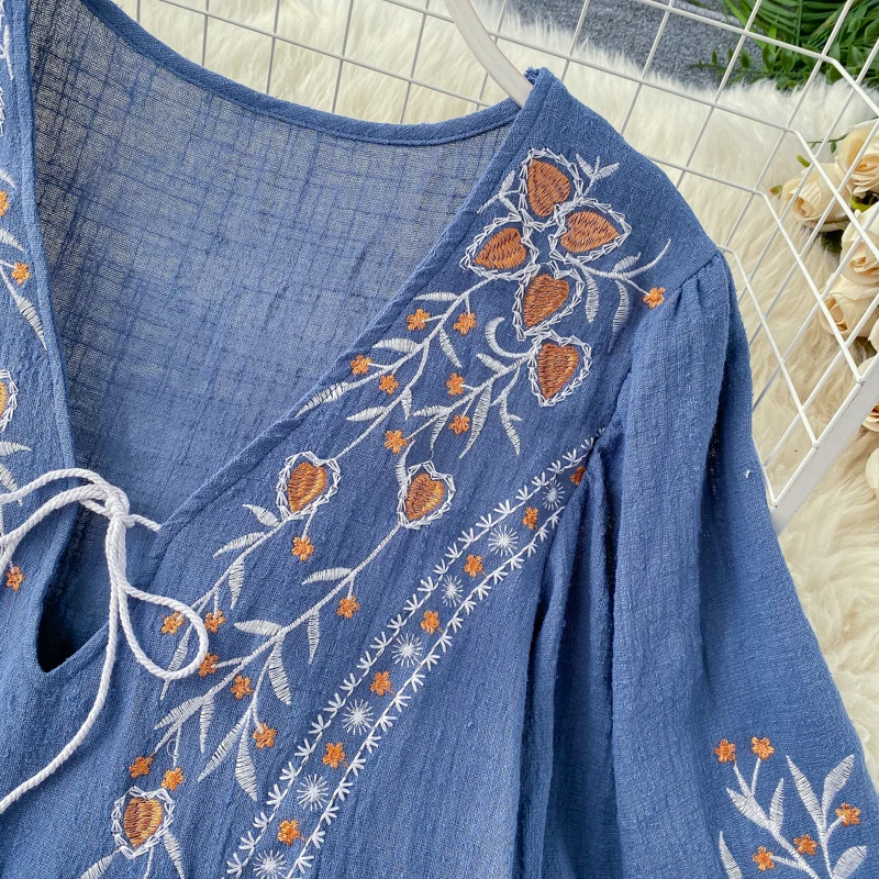 Новинка 2020 Винтажные льняные топы женская рубашка с пышными рукавами и v образным