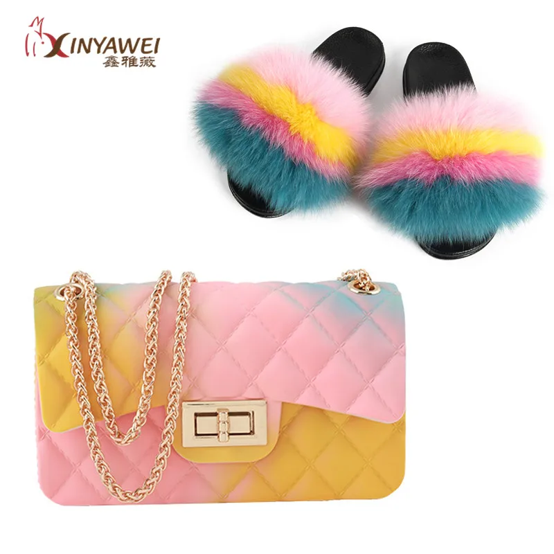 100% fox fur slippers women cute flip flop travel furry shoes jelly bag set fashion | Обувь