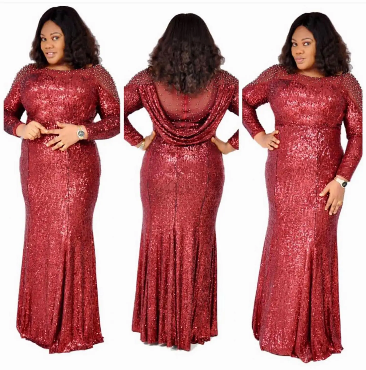 women Highly flexible sparkling sequins evening party mermaid maxi dress full sleeve drills design african dashiki dubai gown