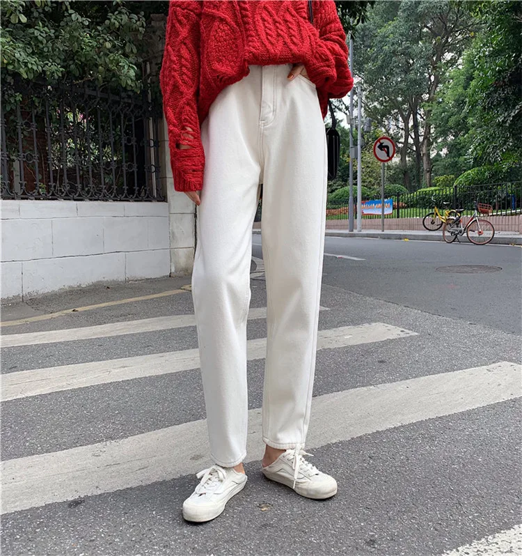 

Skinny straight tube with plush and thick matching denim trousers