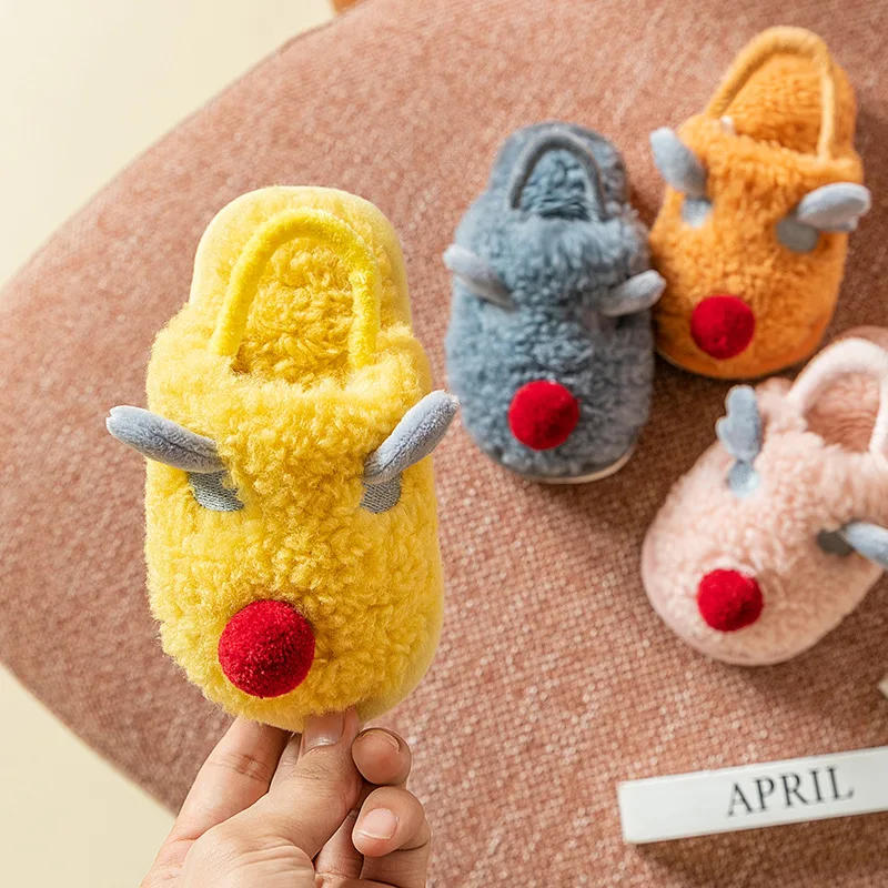 Children's Cotton Slippers Keep Warm Indoors In Winter. Cute Cartoon Antler Boys and Girls' Home Anti-slip Baby Cotton Slippers