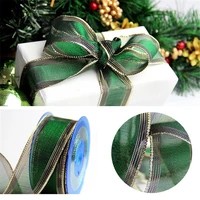 38mm x 25 yards wired edge organza green ribbon with golden line for christmas birthday decoration gift wrapping 1 12 n2070