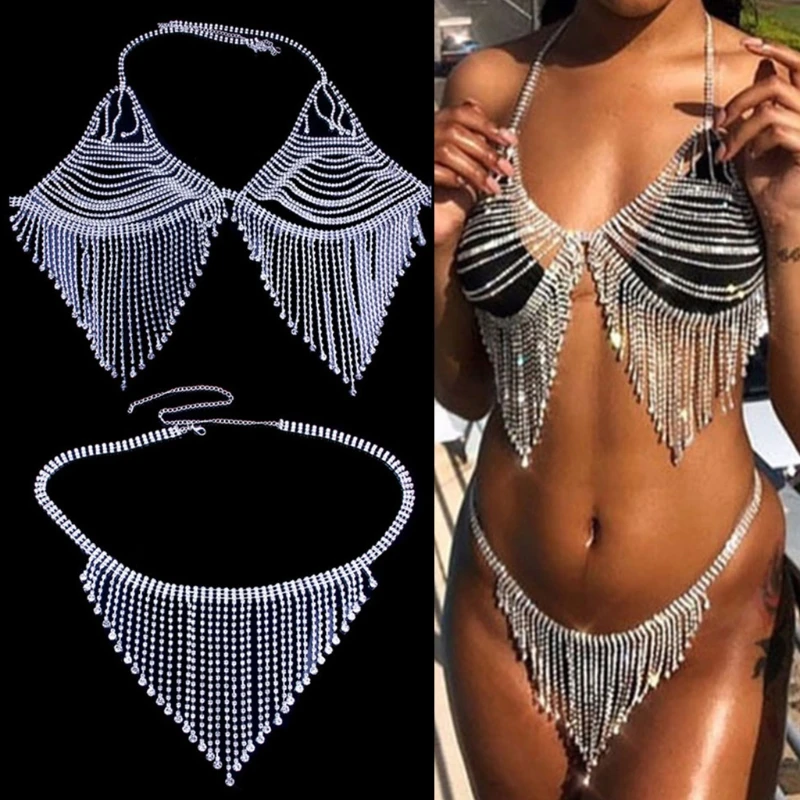 

Women Sexy Rhinestone Body Chain Bikini Set Crystal Tassel Bra Panties Underwear M68D
