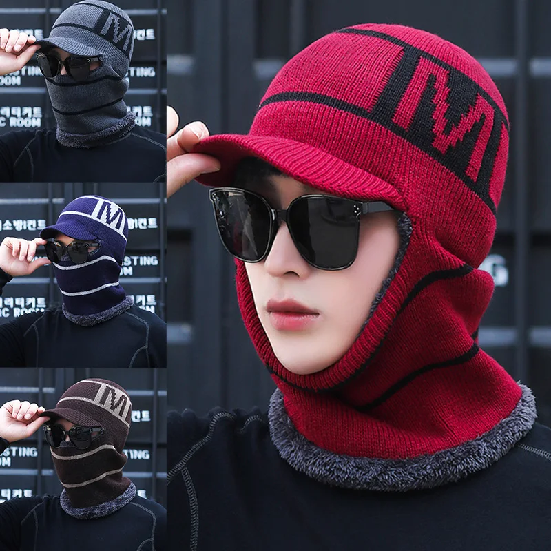 Новая зимняя модная шерстяная шапка с капюшоном теплая вязаная для улицы мужчин