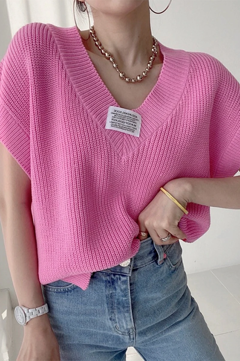 

Korean-Style Age-Reducing Candy-Colored V-neck Letter Patch Loose All-Match Side Slit Vest for Women Tank Top