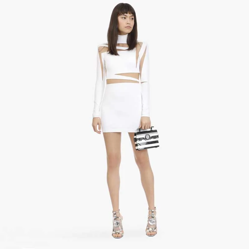 Женское платье с длинным рукавом черно-белое Сетчатое прозрачное Бандажное для