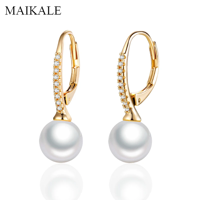 

MAIKALE Simple 585 Rose Gold Inlay Cubic Zirconia Dangle Long Earrings Hanging Pearl Drop Earrings for Women Jewelry Brincos