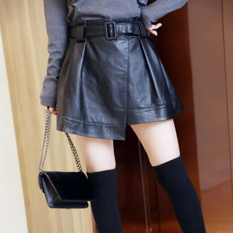 YR!Free shipping.brand quality women genuine leather A skirt.new black soft asymmetric sheepskin skirt.fashion