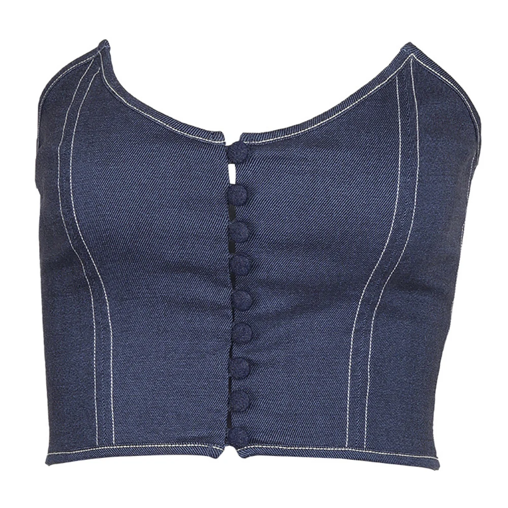 Летние женские джинсовые топики с пуговицами жилет бандо укороченный топ