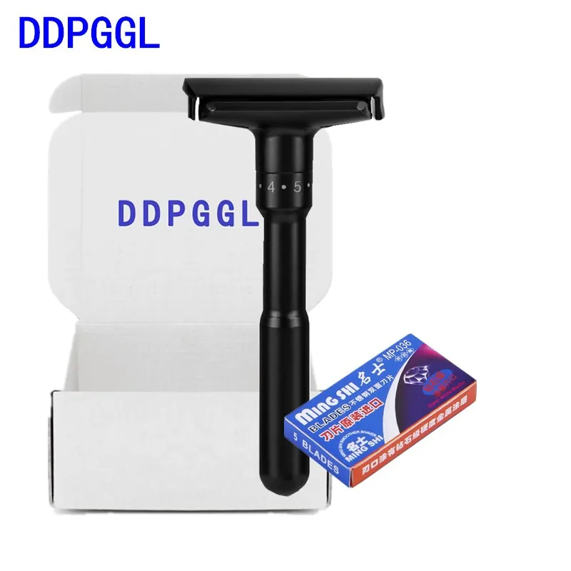 DDPGGL Men Double Shaver Razor Luxurious Black Adjustable Safety Classic Stand Shaving with 5 Blades | Красота и здоровье