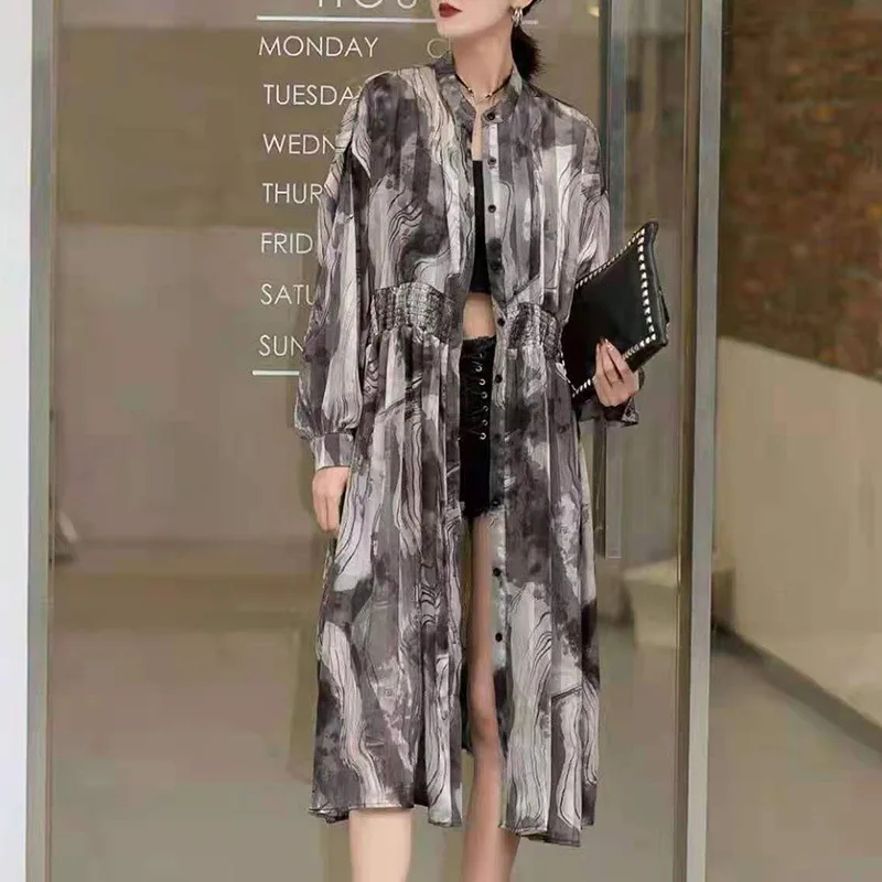 

SuperAen Fall 2021 New Medium-length Turn Down Collar Single Breasted Cardigan Slim Loose Plus Size Dress for Women