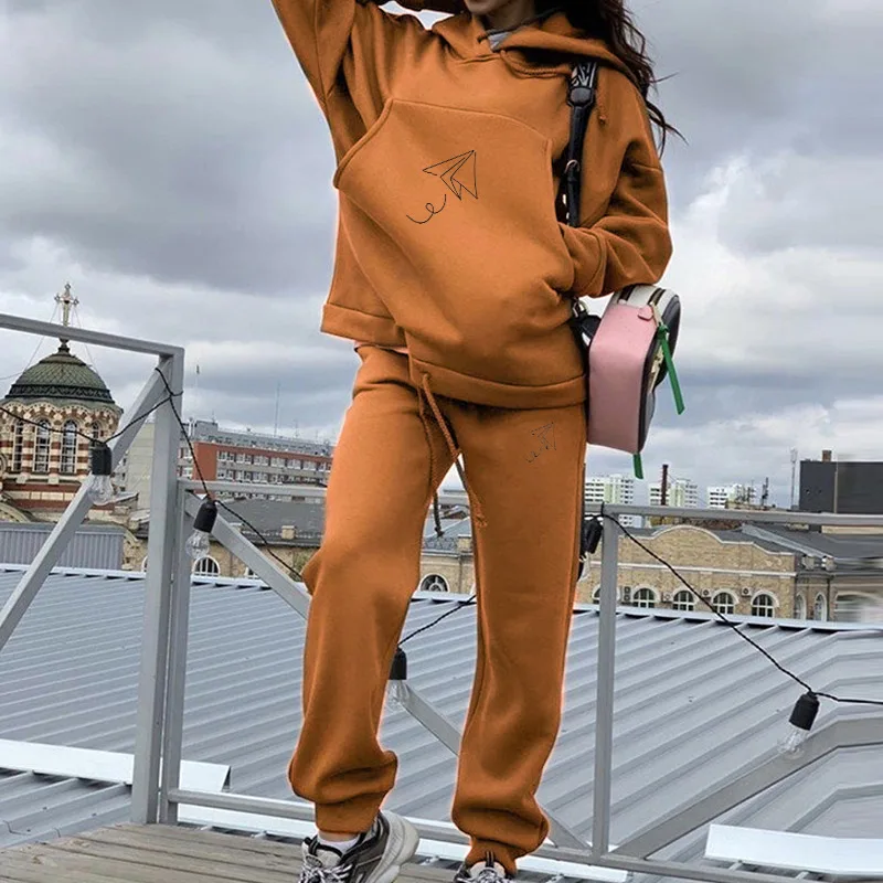 

Print Fleece Sports Pockets Women's Suits Long Sleeve Drawstring Female Hoodies Suit Autumn Casual Tracksuit Long Pants Lady Set