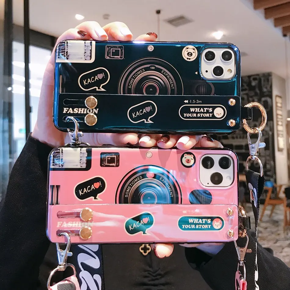 Модный чехол для телефона с камерой и ремешком на запястье iPhone 11 XR XS силиконовый