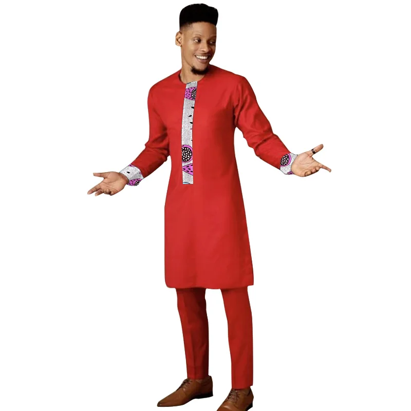 

Red/Print Mix Men's Shirt Nigrian Fashion Patchwork Tops With Solid Pants Groom Suits African Wedding Party Family Outfits
