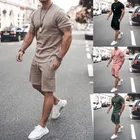 Костюм мужской из 2 предметов, повседневная хлопковая футболка с коротким рукавом и круглым вырезом, рубашка и шорты, Модный облегающий спортивный костюм для бега, лето 2021