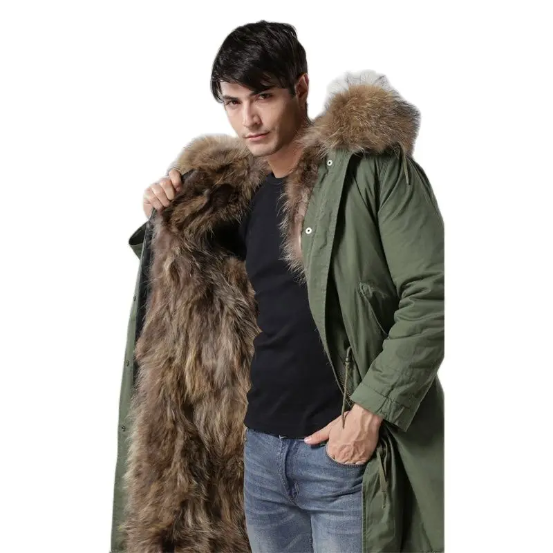Winter Coat Fox Fur Lining Mens Army-green Long Style Fashion Real Collar Windproof Parka Factory Price Outwear | Мужская одежда
