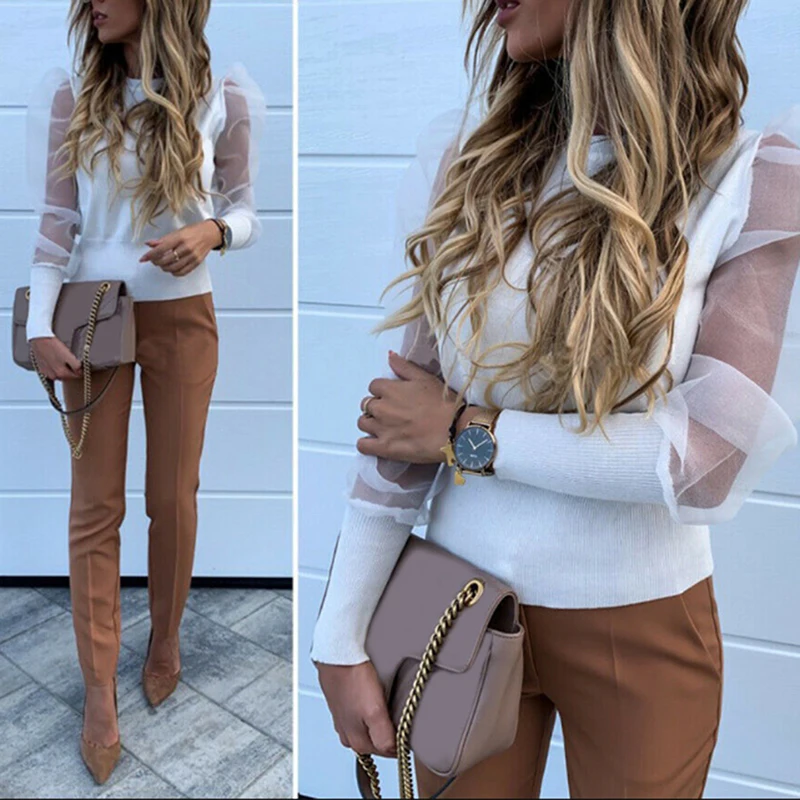 Женская сетчатая блузка в сетку прозрачная пышная женская рубашка с длинным