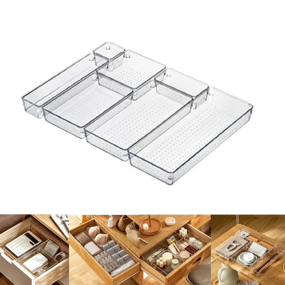 

7 Sizes Desk Drawer Organizer Clear Drawer Dividers Storage Box Bins Case Trays for Utensil Makeup Groceries Bathroom Bedroom