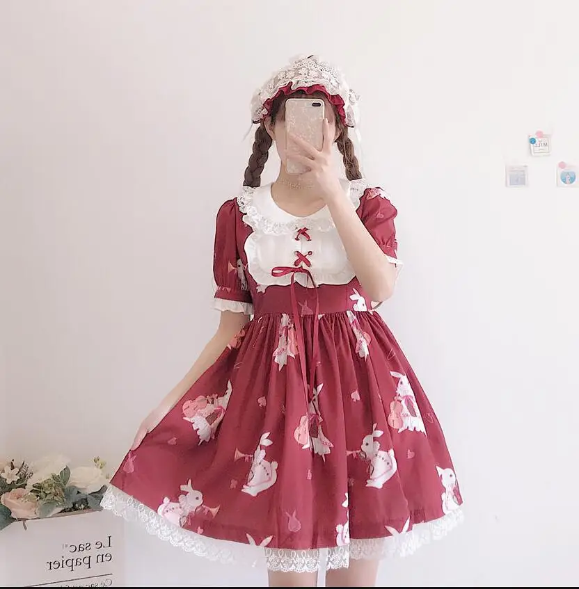 Платье в стиле Лолита с высокой талией и принтом кролика