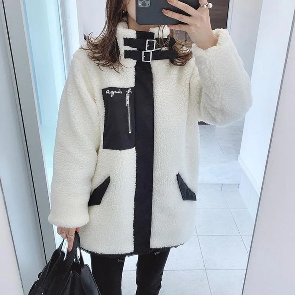 

21/22 Japanese Winter Fashion Trend Boa Nylon Flight Jacket Loose Zipper Long Sleeve Turtleneck Women's Jacket