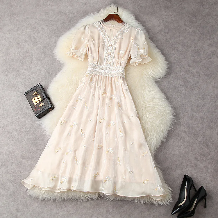 

Women's Runway Dresses O Neck Short Sleeves Embroidery Ruffles Lace Patchwork Fashion Dress