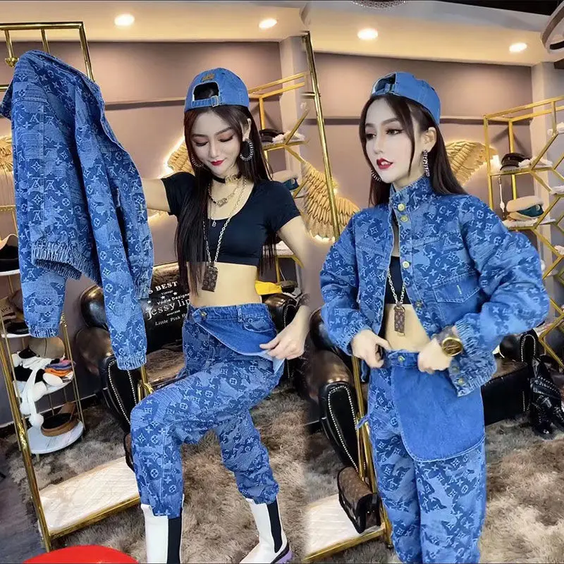 

Early Spring 2021new Fashion Trending Popular Printed Zipper Washed Denim Slimming Korean Style Two-Piece Set Women