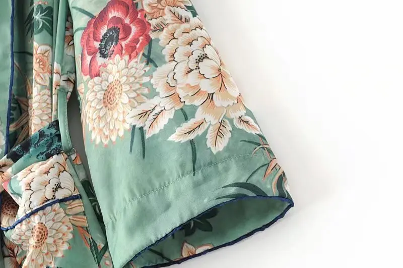 

Floral print blouses shirts long kimono Women sashes pocket kimono cardigan Elegent long sleeve summer bohemian blouse beach