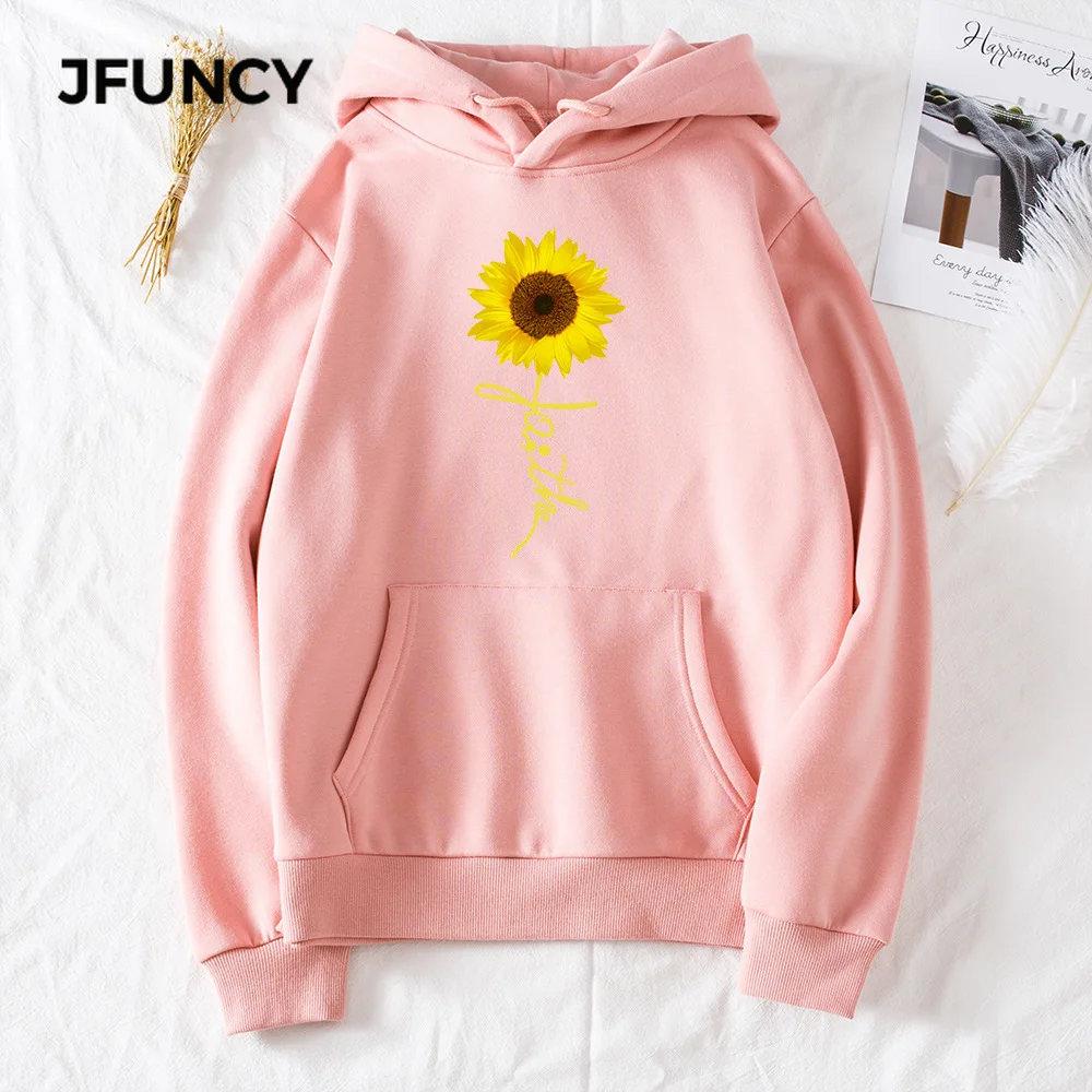 

JFUNCY Autumn Winter Women Thick Pullovers Casual Loose Coats Woman Long Sleeve Hooded Sweatshirt Printed Fleece Sportswear