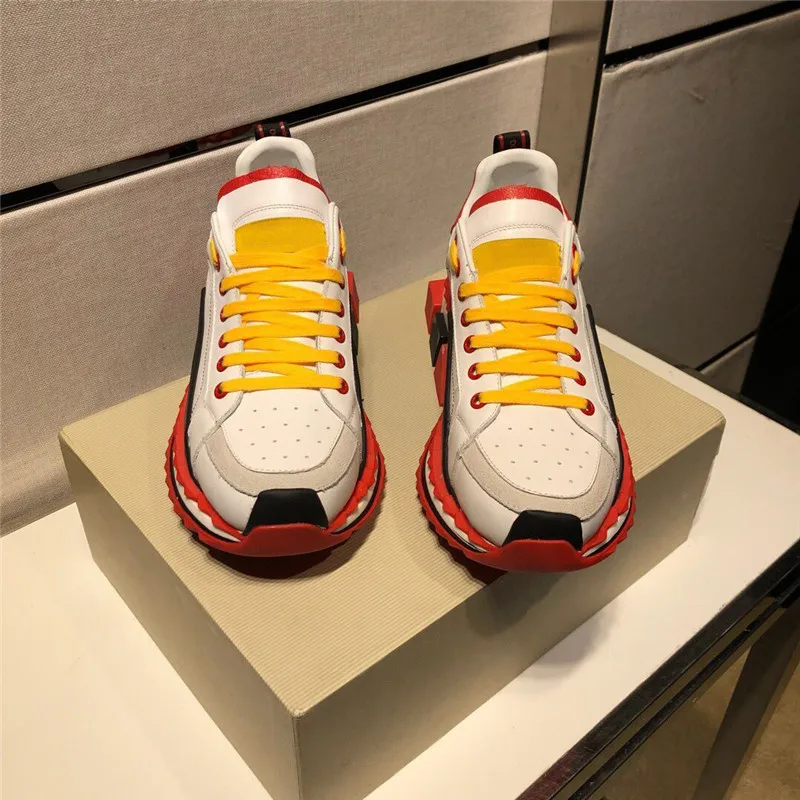 splice color lace-up high quality super king sneakers Genuine Leather with red rubber sole design Height Increasing | Обувь