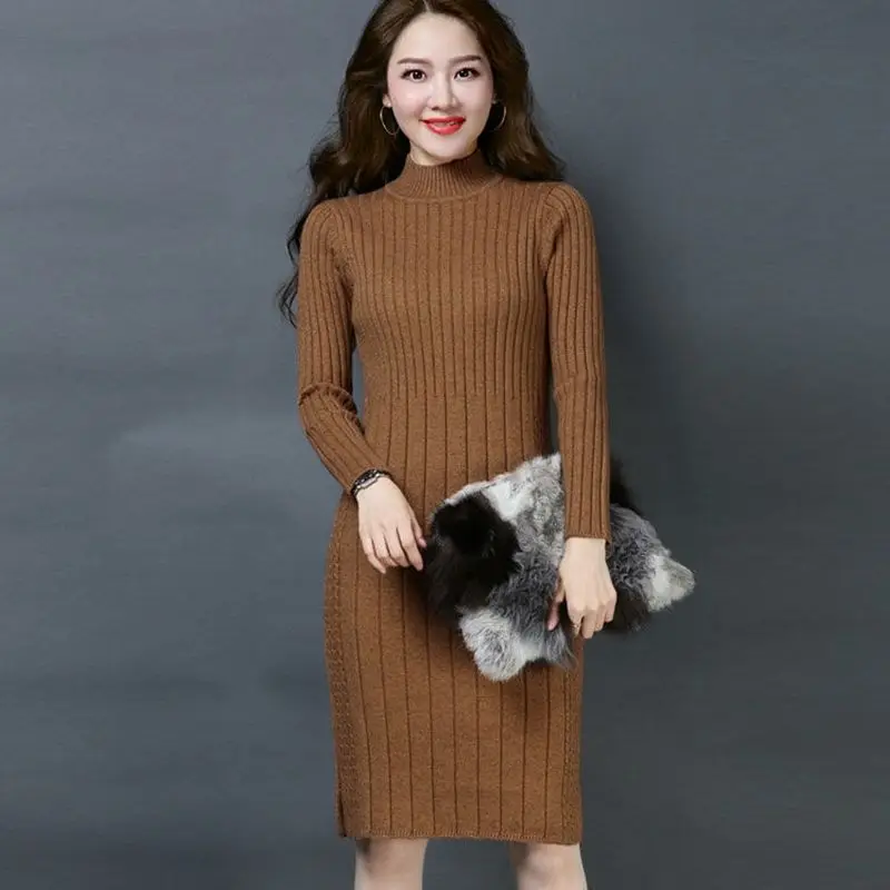 

Autumn Winter Women Knitted Dress Casual Half Turtleneck Sweater Dresses Lady Slim Bodycon Long Sleeve Bottoming Dress Vestidos