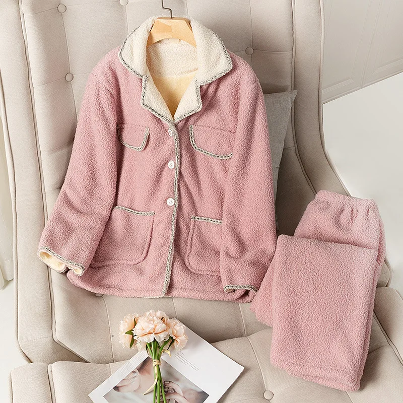 Winter Thick Coral Fleece Outer Wear Warm Suit Homewear Small Fragrance Style Women's Pajamas V-neck Solid Color