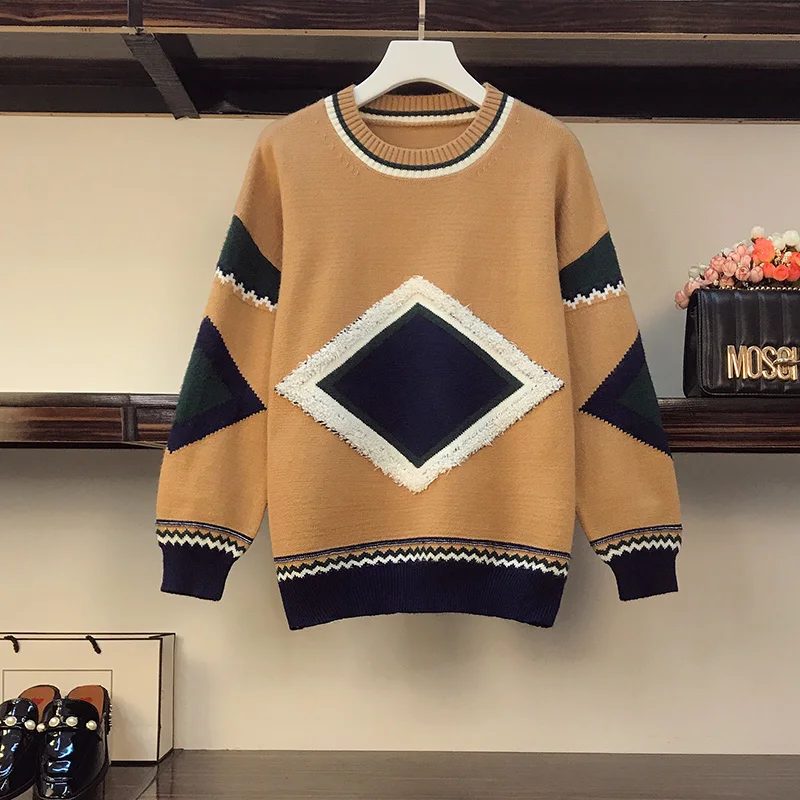 

2020 Women Sweaters Winter Geometric Patchwork Pullovers Loose Sweater O-neck Colorful Korean Ropa Mujer Jumper Sweter W045