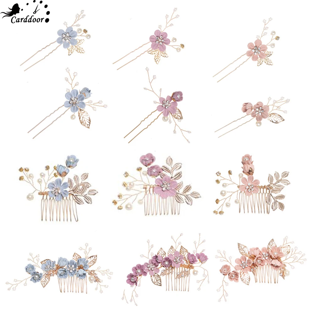 Заколка для волос Carddoor, Модная бижутерия, гребень для волос, синий, красный, розовый, цветок, золотые листья, аксессуары для волос на выпускной, свадьбу