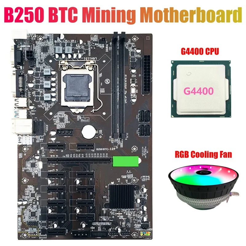 

B250 BTC Mining Motherboard with G4400 CPU+RGB Cooling Fan 12X Graphics Card Slot LGA 1151 DDR4 for BTC Miner Mining