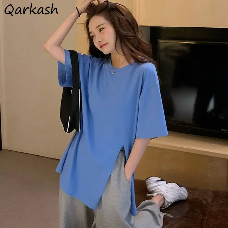 

Футболка женская хлопковая с разрезом, простая универсальная тонкая уличная одежда разных цветов для колледжа в стиле Харадзюку, на лето