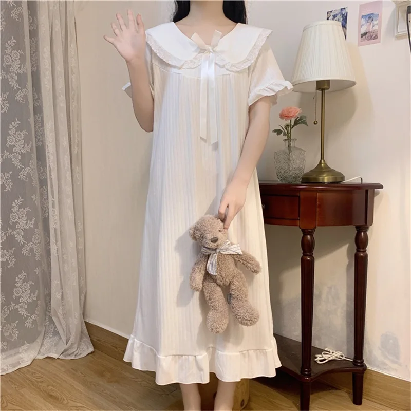 Summer Kawaii Elegant Gauze Blue White Bow Women Girl Pajamas Sweet Chic Chiffon Home Service Mid-Calf Nightdress Women Clothing