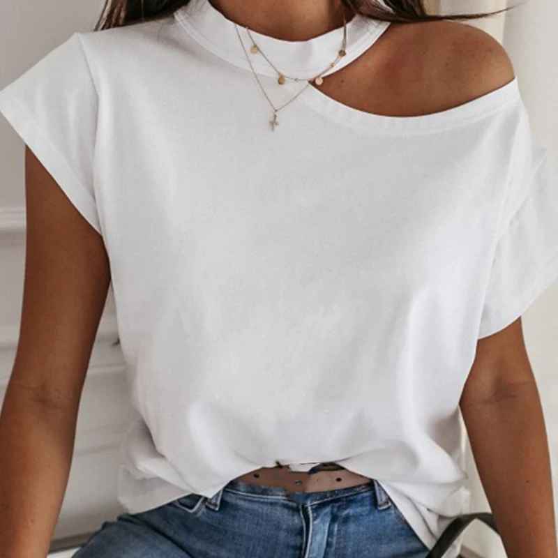 

Sexy Off Shoulder Solid Color Blouse Women Shirts Summer Short Sleeve Tops Casual Loose Halter Backless Ladies Blouses