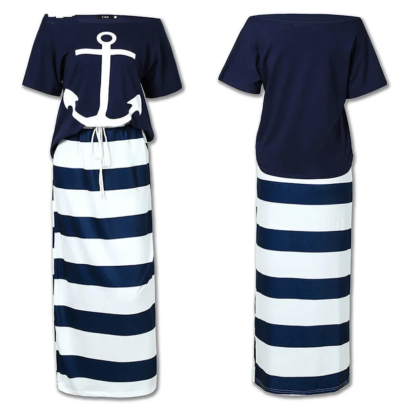 Женские комплекты из двух предметов Футболка с принтом якоря и юбка в полоску