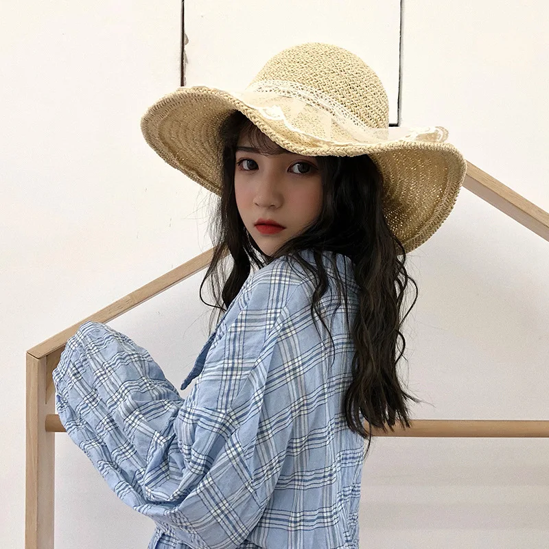 

2021 Women Lace Sun Hats For Wide Brim Straw Beach Side Cap Floppy Female Straw Hat Lace Solid Fringe Straw Summer Gorros