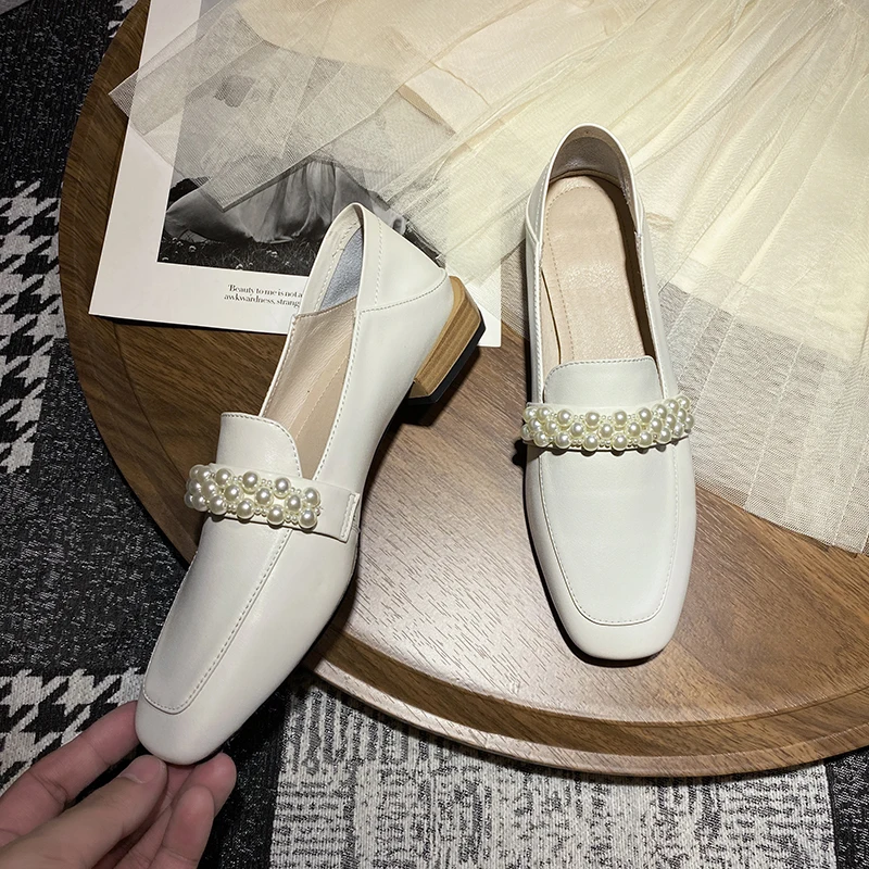 

2021 Square Toe Soft Genuine Leather Women Pumps String Bead All Match Spring Autumn Slip On Ladies Shoes Size 34-42
